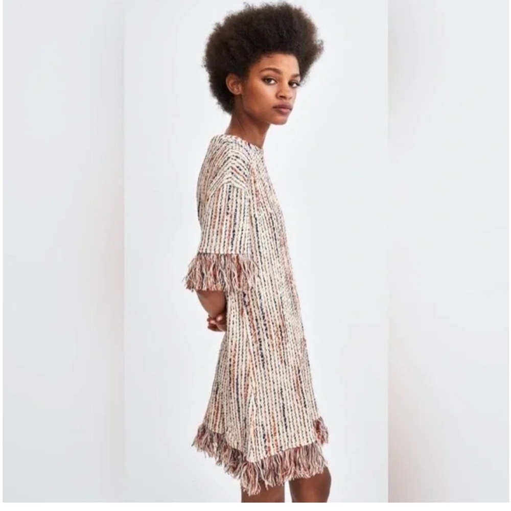 Zara Jacquard/ Tweed Sweater Dress with fringe sleeves - size small